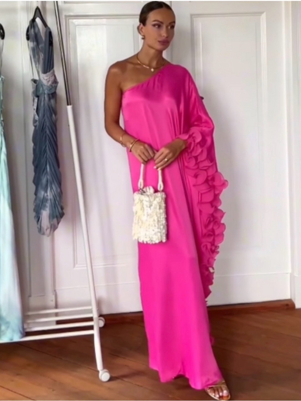 🔥Zara Women’s One-Shoulder Hot Pink Ruffle Maxi Dress NWT